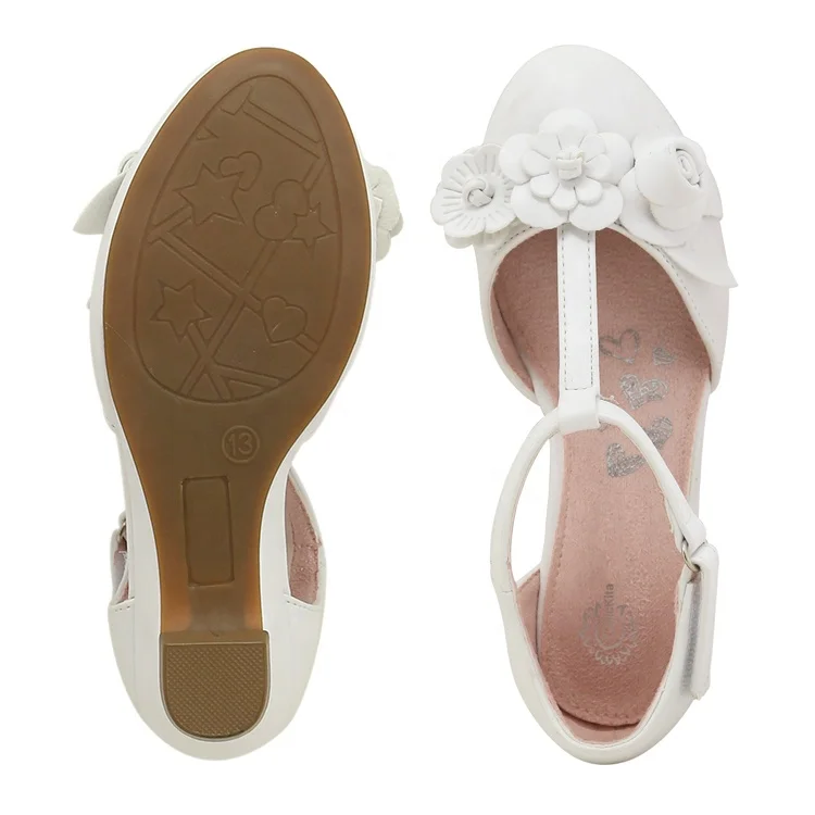 
easter shoe for girls wedge heel ankle strap white beautiful 3D flowers for girls shoes 
