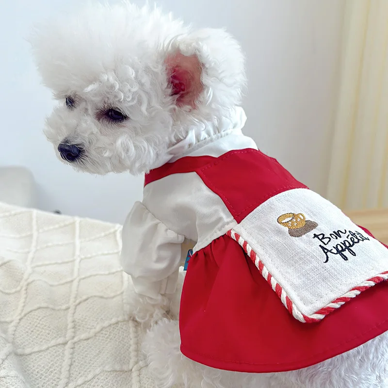 French Style White Red Pet Dresses for Dogs Cats Summer/Spring Solid Pattern Polyester Sustainable Cute Design for Small Animals