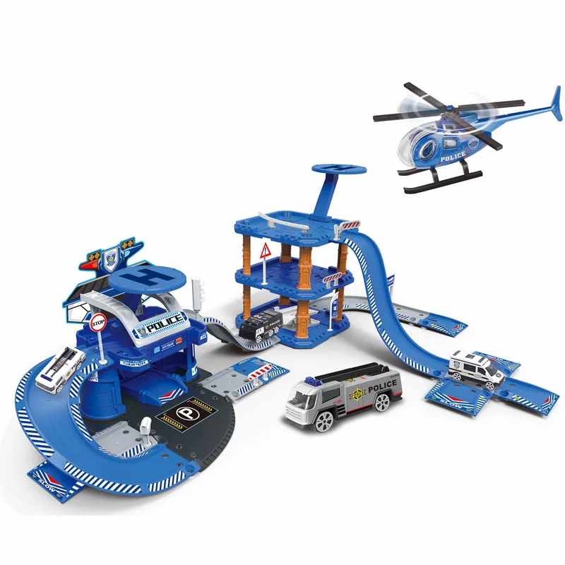 BIS certificate police alloy parking lot suit for kids diy racing station play set metal rail car toy