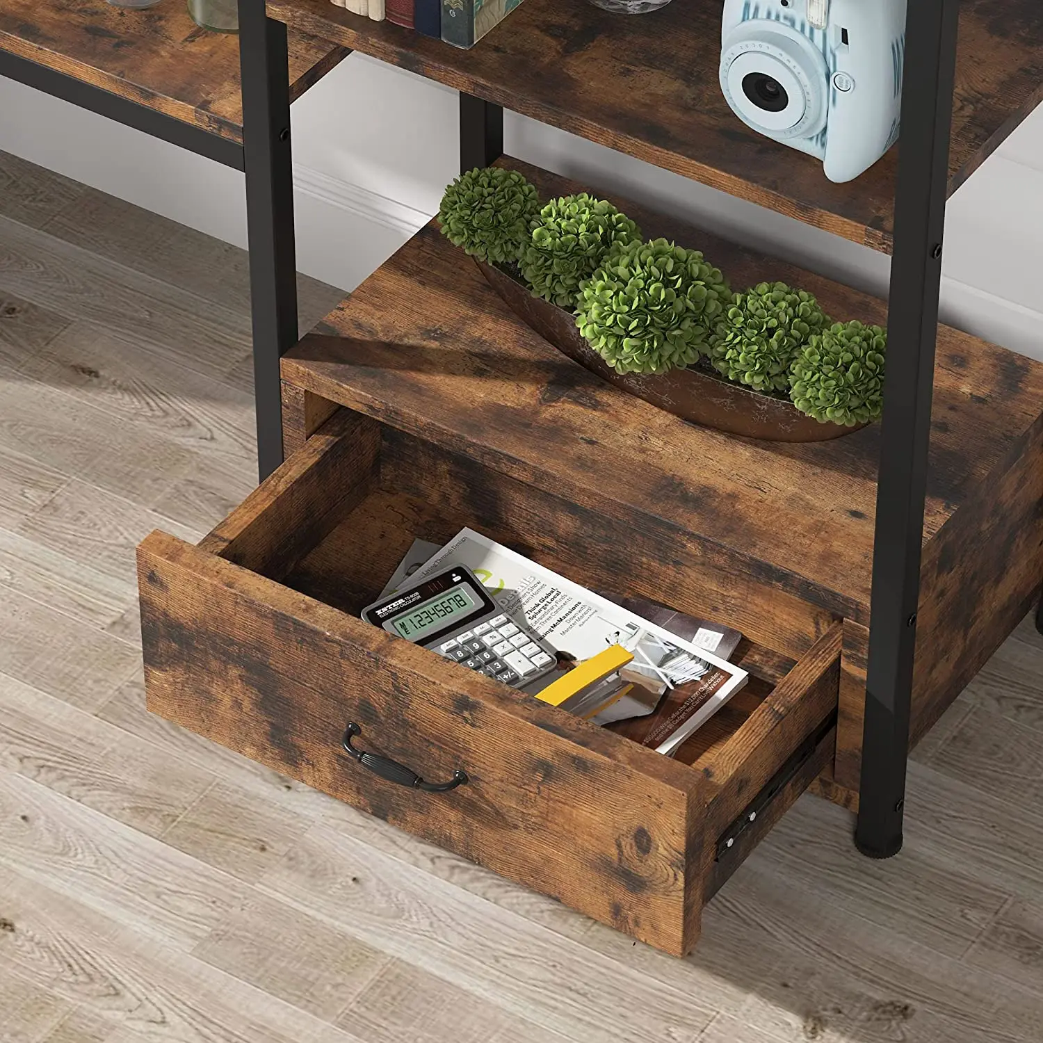 Triple Wide 5-tier Bookshelf Tv Stand Unit Shelves For Living Room Wooden With 2 Drawers Rustic Book Shelf