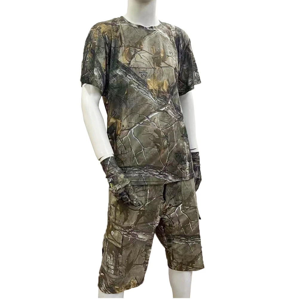 Summer Bionic Camouflage Hunting Fishing Suit Breathable Short Sleeve T-Shirt And Pants Quick Dry Hunting Shirt Hunting Pants