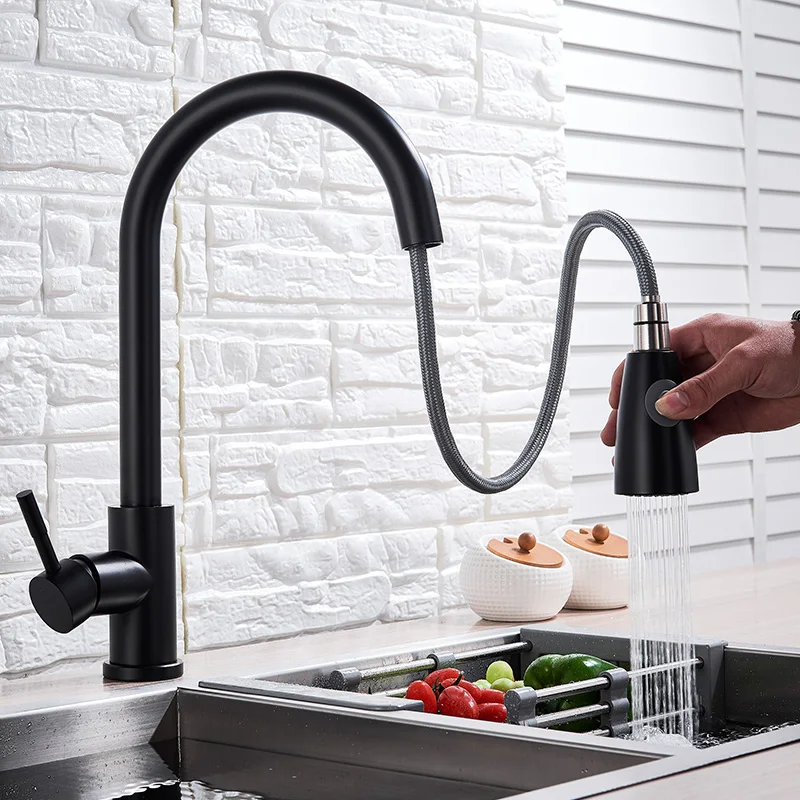 Matte Black Brass Kitchen Faucet Golden Mixer Tap Pull Out Deck Mounted Bathroom Sink Faucet Hot Cold Water Mixers Stream Spray