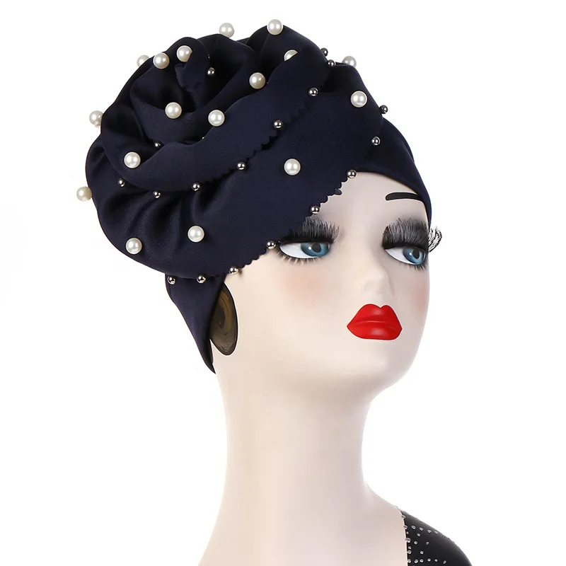 Indonesia Fashion Muslim Women Solid Color Space Cotton Big Flower Pearl Baotou Cap