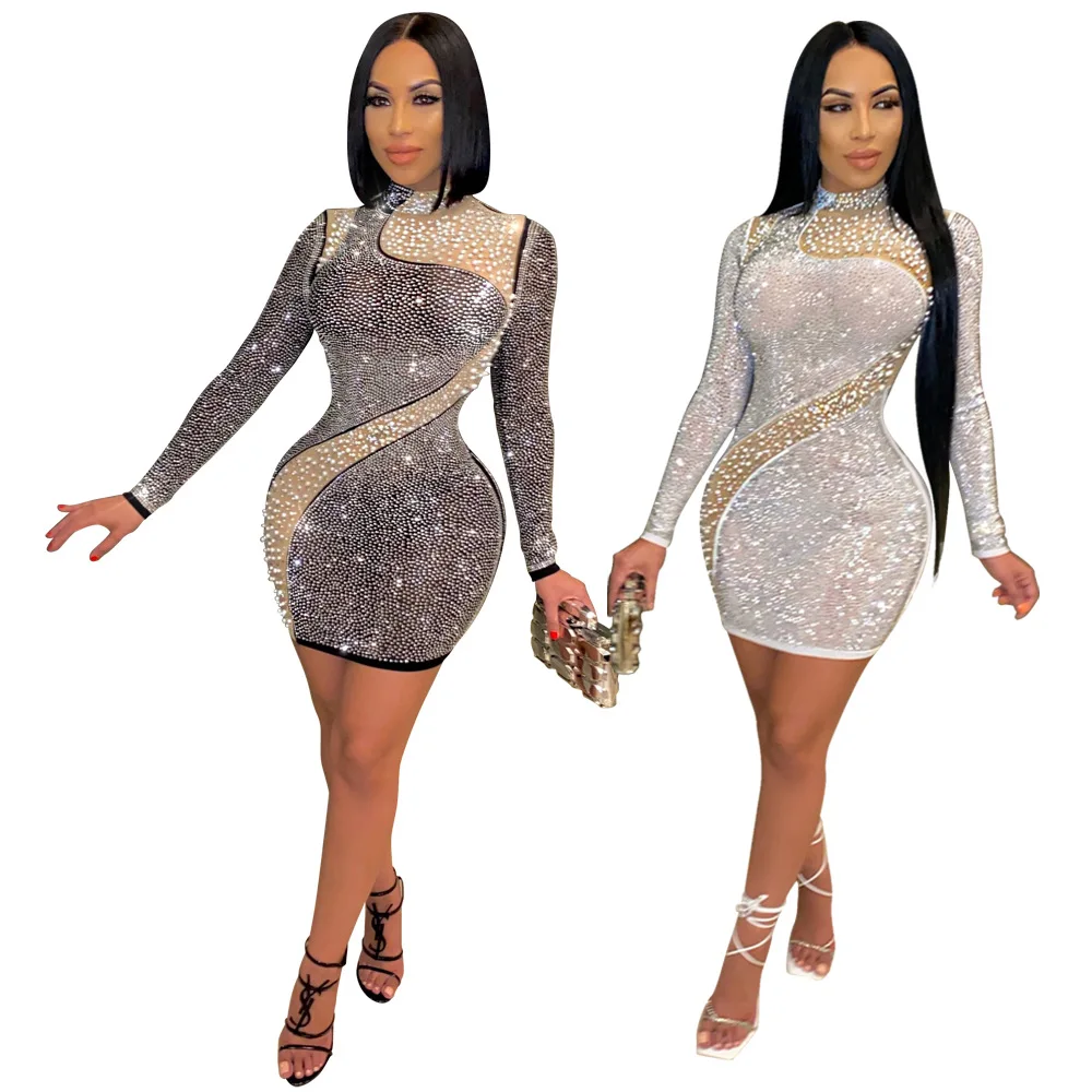 New Stylish Long-sleeved Zipper Tight Dress Hot Drill See-through Mesh Hit Bubble Bead Design Lady Dress Mini Party Dress