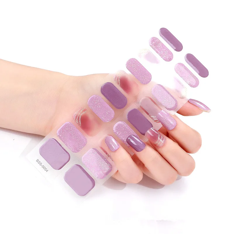 2024 Pink Purple Nail Stickers Semi Cured Gel Nail Art Stickers High Quality Multiple Color 20 Strips Private Label Nail Warp