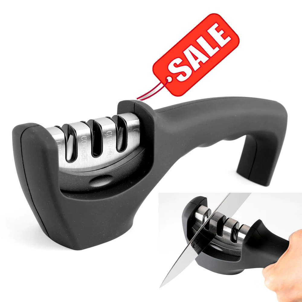 Knife Sharpener for Ceramic, Steel, Straight and Serrated Knives & Scissors - Diamond/Tungsten/Ceramic Sharpening Blades