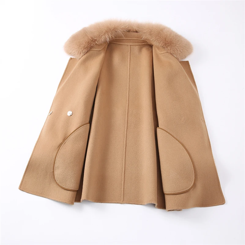 Women Winter Real Fox Fur Coat Jacket 2021 Female Lady Over Size Wool Blends Parka Trench Cape Z21182