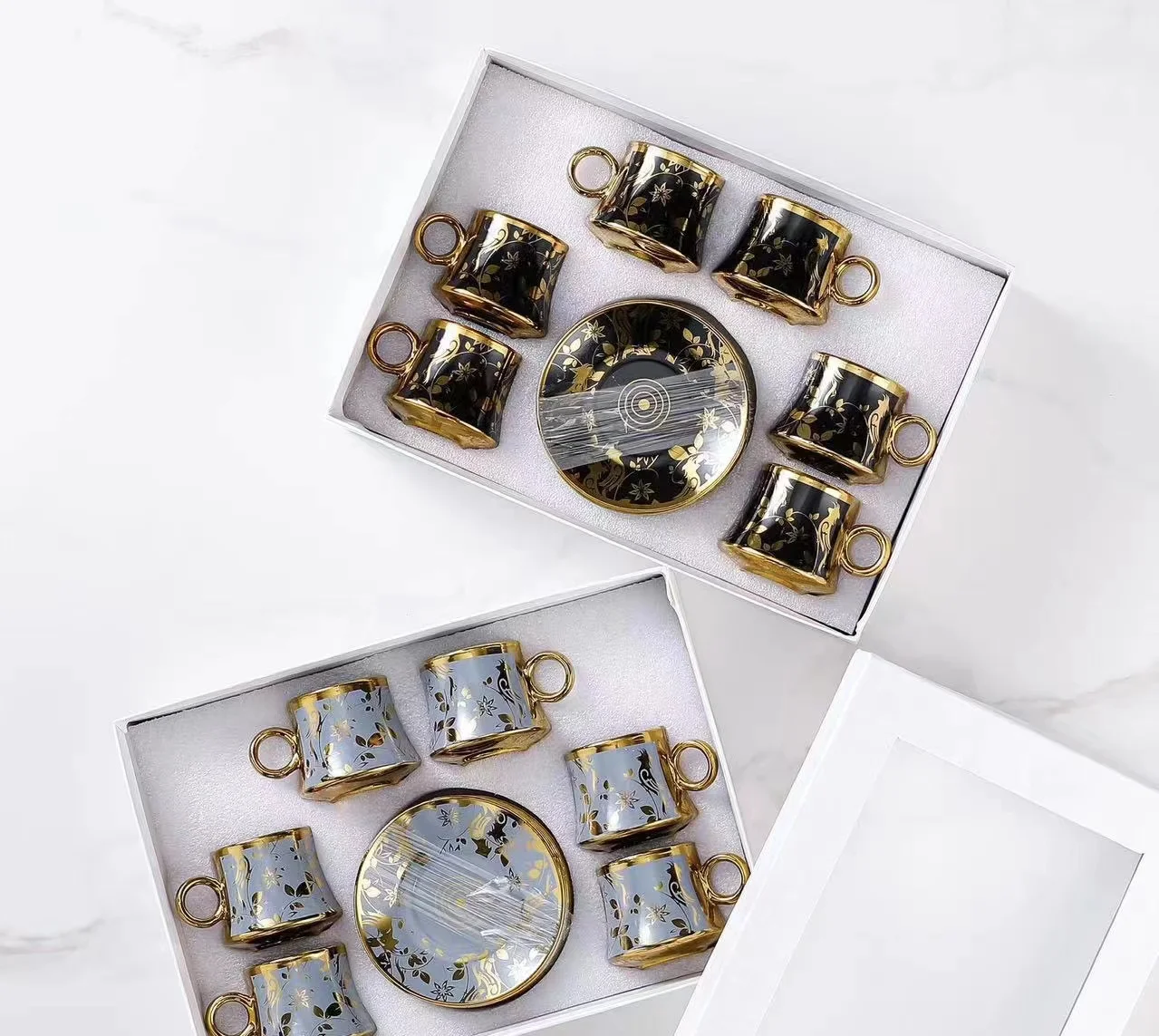 Custom Middle East Turkey Arabic Vintage Gold Plated Porcelain Ceramic Coffee Tea Cup And Saucers Set Of 12