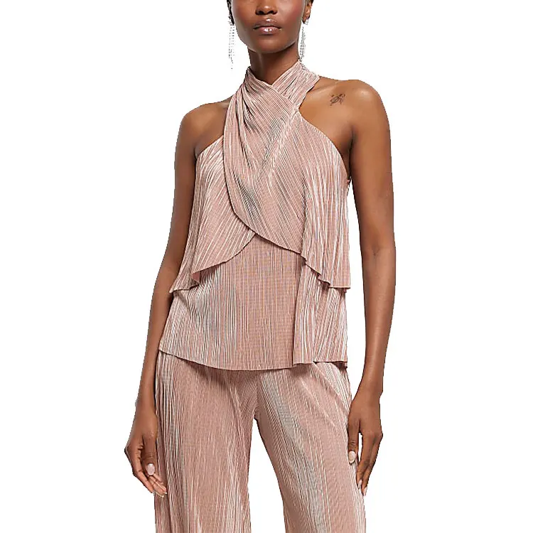 Rose Gold Plisse Halter Neck Women Tops and Bottom Set Sleeveless Layered Party Evening tank Top Blouse Elegant