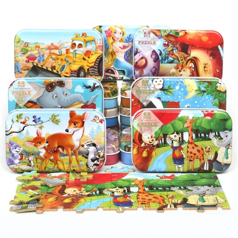 60 Pieces Wooden Puzzle Toys Animal Wood Puzzles for Children Christmas Gift Educational Toys with Iron Box Kids Cartoon Unisex