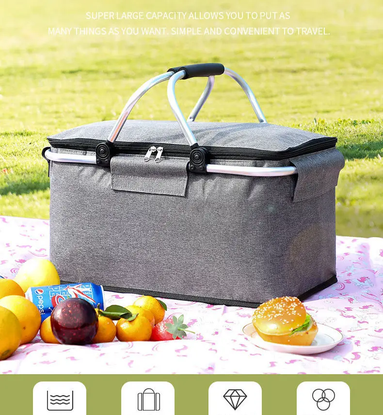 Picnic basket Oxford cloth solid color insulation basket Thickened aluminum film lunch bag insulation bag outdoor picnic ice bag