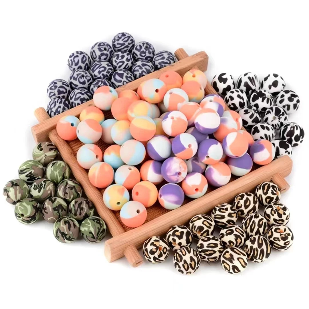 Популярные квадратные круглые бусины 19/12/15/9 мм без bpa мягкие красочные силиконовые ювелирные изделия для ремешка гидрографическая переводная печать