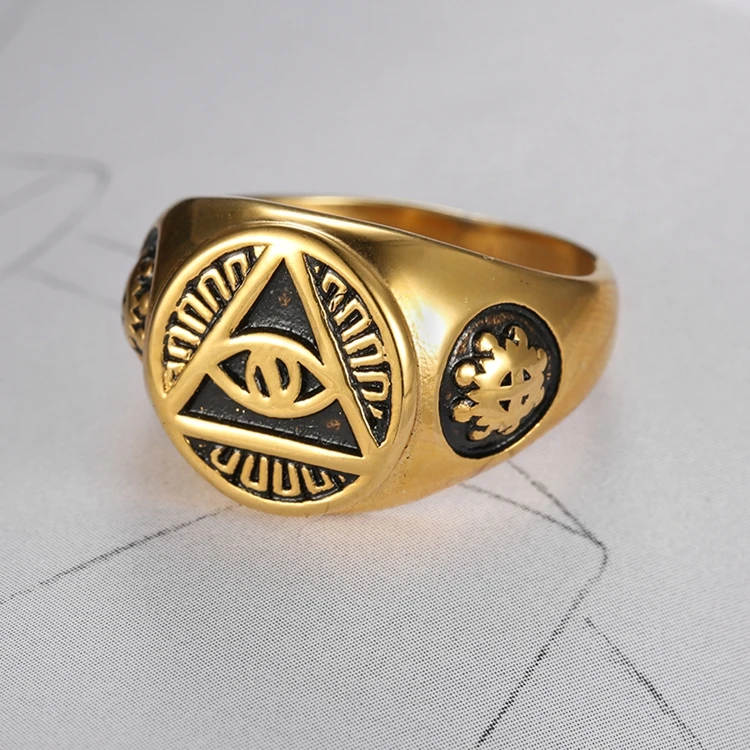 Wholesale Stainless Steel PVD Gold Plated Triangle All Seeing Eye Illuminati Rings for Men Women