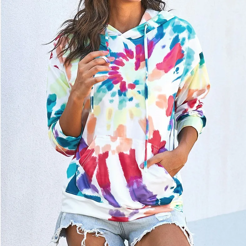 Factory Directly Hot Style Tie-Dye Gradient Print Hooded Long Sleeve Casual Jumper Women Hoodie Tie Dye
