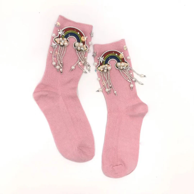 Handmade Sequins Socks Pearl Socks Young Girl Pink Party Socks