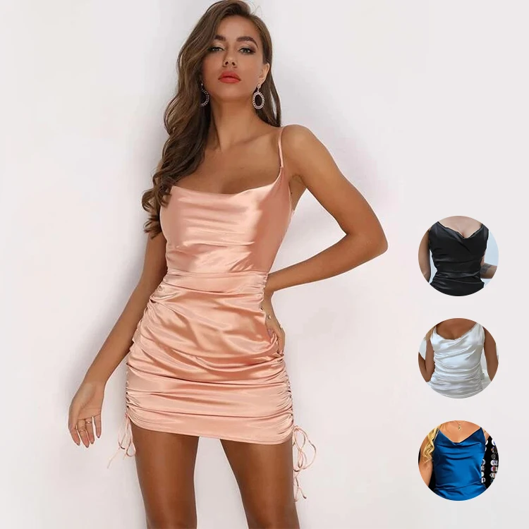 PRETTYSTEPS Fashion  Evening Party Club Wear Sexy Robe Courte Short Dress Satin Chain Strap Trim Dresses for Women