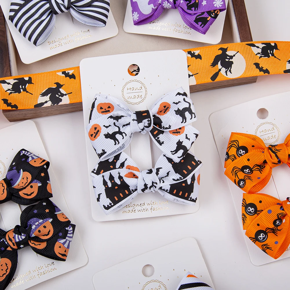 Halloween Party Ribbon Bowknot Hair Clips Big Bow Hair Grips For Children Boutique Halloween Hair Bow With Clips For Kids