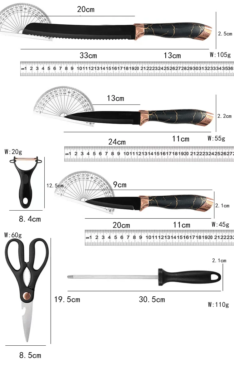 9PCS Knife Sets Marble Handle Rotating Kitchen Tool Meat Chef Bread SliceMeat Chef Bread Slice  Utility Paring Knives