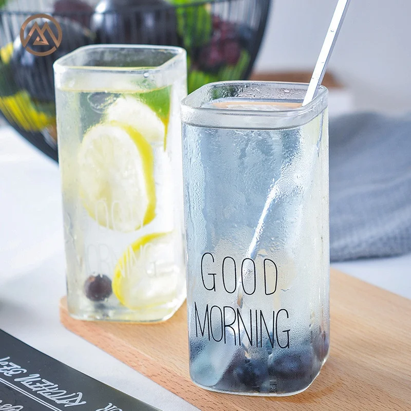 
single layer Creative glass water cup square good morning milk breakfast cup 