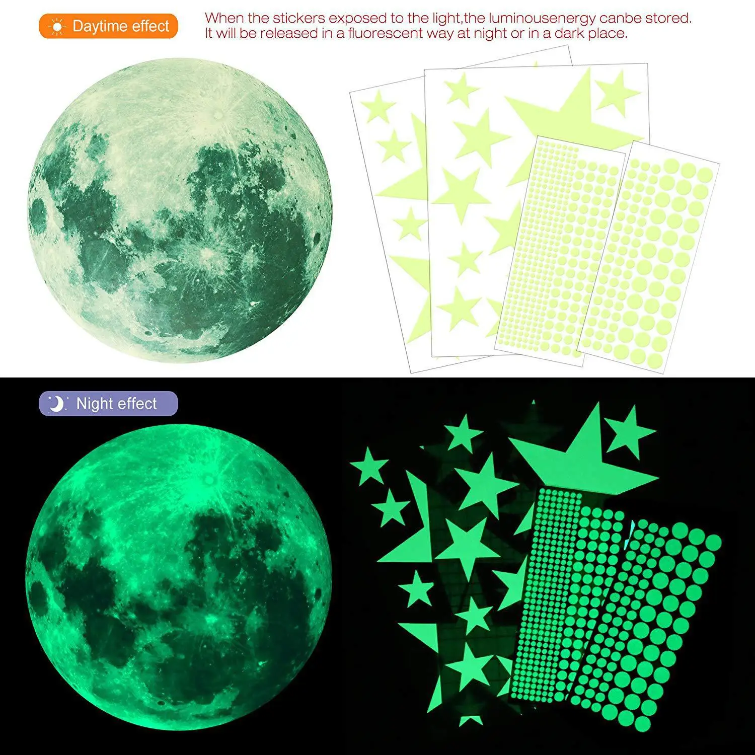 Custom Wall Stickers Wall Decals, Glow in dark Moon / Star / dot PVC Wall Stickers for kids Room