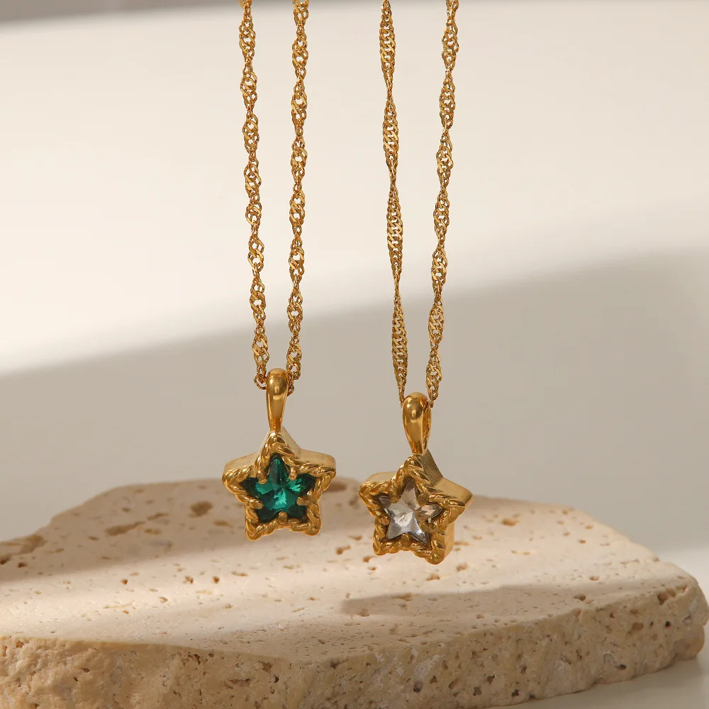 Chic 18K Gold Plated Stainless Steel Ripple Chain White Green Clear Cubic Zircon Star Pendant Necklace for Girls
