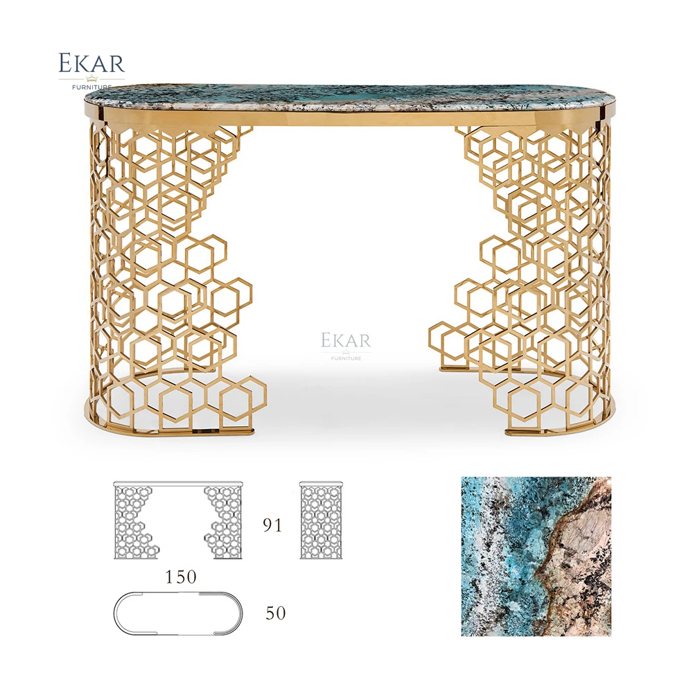 Sassuolo postmodern console table Hollow-carved Designed Hallway Console Table with Marble Top Roman Style Golden Entry Table