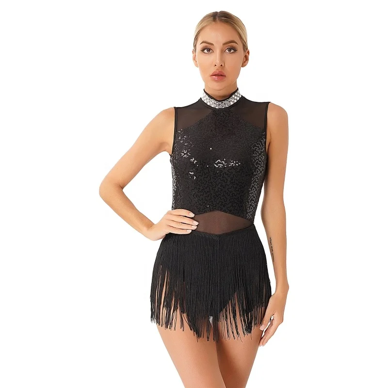Womens Fringed Leotard Mesh Patchwork Sequined Dance Dress Latin Tango Rumba Samba Performance Costume