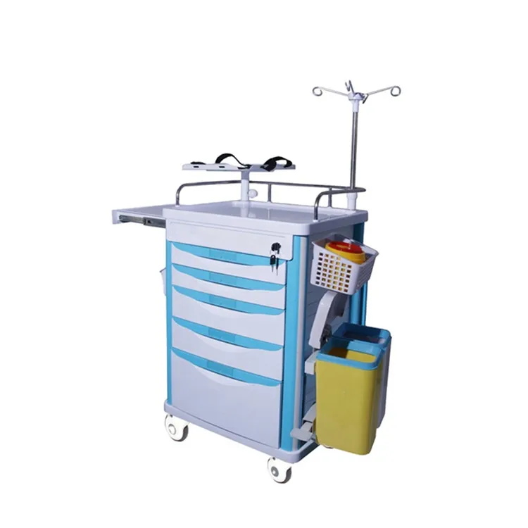 BT-EY005 Cheap Hospital mobile ABS plastic medical emergency resuscitation trolley, medicine crash cart with 5 drawers price