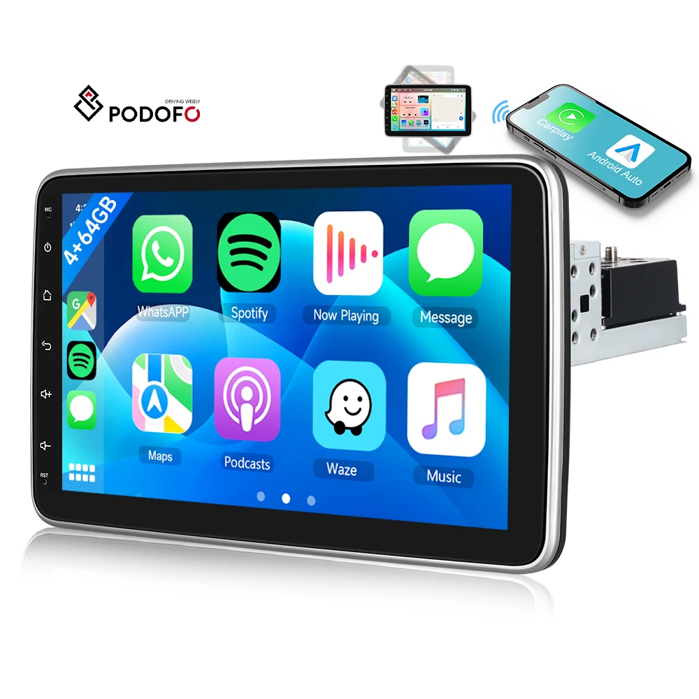 Podofo 10.1' 4+64G 8 Core Android Car Stereo Rotating Screen Wireless CarPlay/Android Auto/GPS/WiFi/FM/RDS/BT Dropshipping