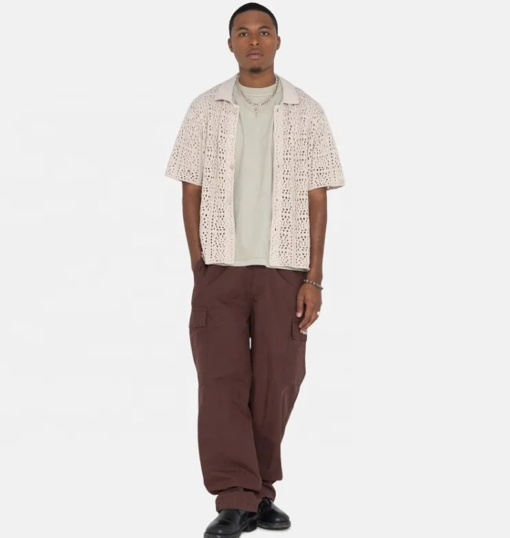 Custom Design Mens Summer Hollow Out Button Up Knit Sweater Short Sleeve Cardigan Knitwear Polo T-shirt Knitted Crochet Shirt