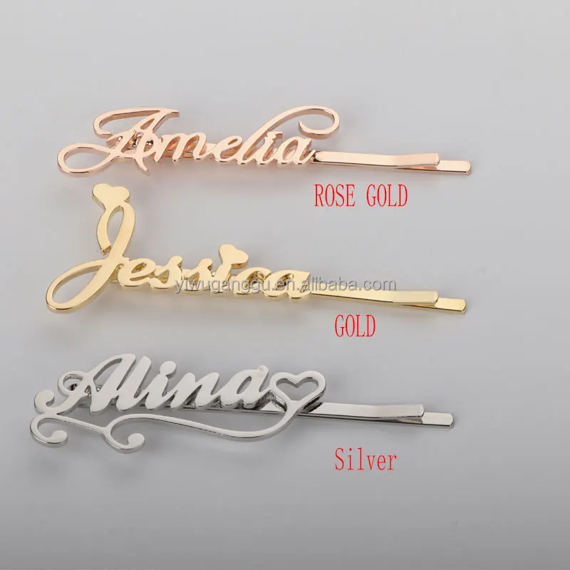 Custom name alphanumeric LOGO pattern stainless steel flat clip hairpin