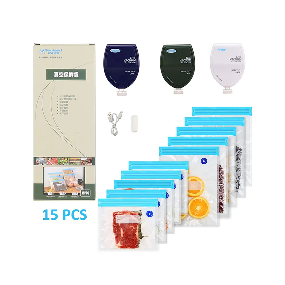 15Pcs Food Grade Reuseable Food Storage Bag Sealer Sous Vide Bags Hand Held Vacuum Sealer
