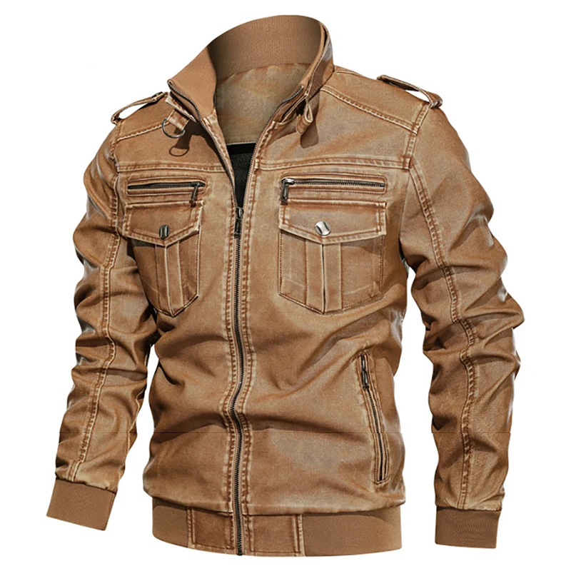 Осень деним ботинки в байкерском и винтажном стиле из искусственной кожи Куртка свободного кроя с несколькими карманами для мужчин кожа