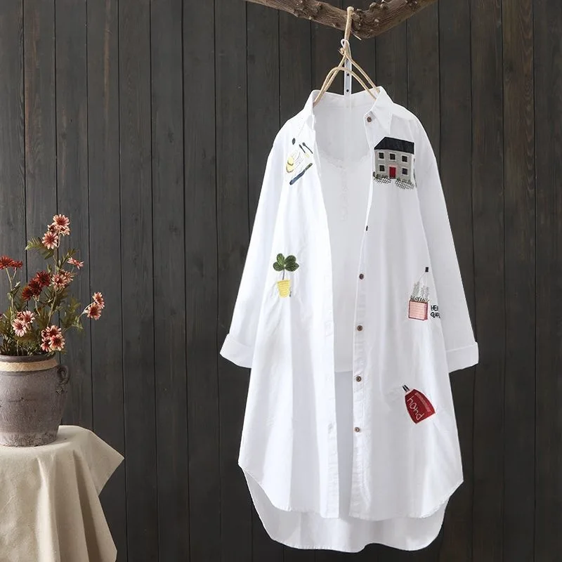 Loose Long Shirt Women Cotton House Embroidery Long Sleeve Plus Size M-3XL White Shirt Blouse Tops Outwear