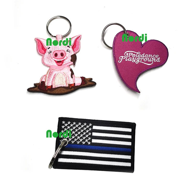 OEM Double Side Embroidery Fabric Keychain Logo Custom Woven Key Tag Key Ring Jet Tag