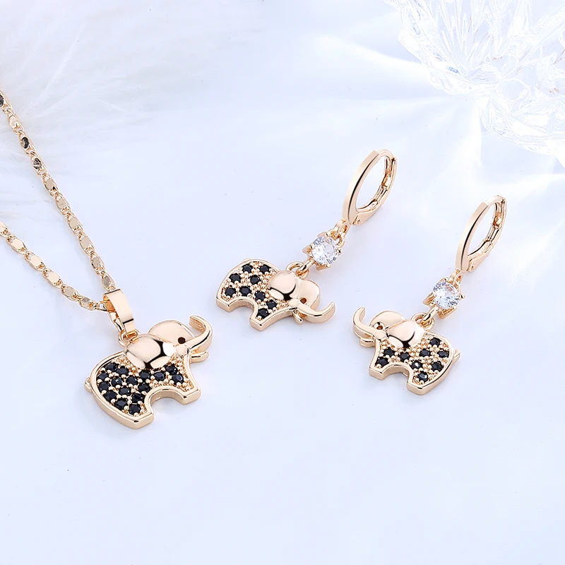 top best selling elephant cute jewellery earring and necklace set for woman cubic zirconia jewelri set 18k gold plated on brass