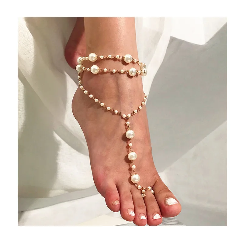 Женский ножной браслет ручной работы, элегантный вязаный крючком браслет на ногу, с жемчужинами и бусинами, пляжная обувь телесного цвета, аксессуар