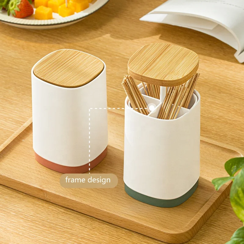 TikTok Creative Automatic Press Plastic Toothpick Holder Cans Desktop Swab Dental Floss Toothpick Storage Box with Wood Cover