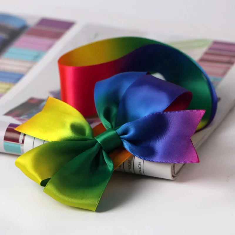 Rainbow ribbon bow gift printed decoration ribbon bow pre tied elastic ribbon bow with elastic loop