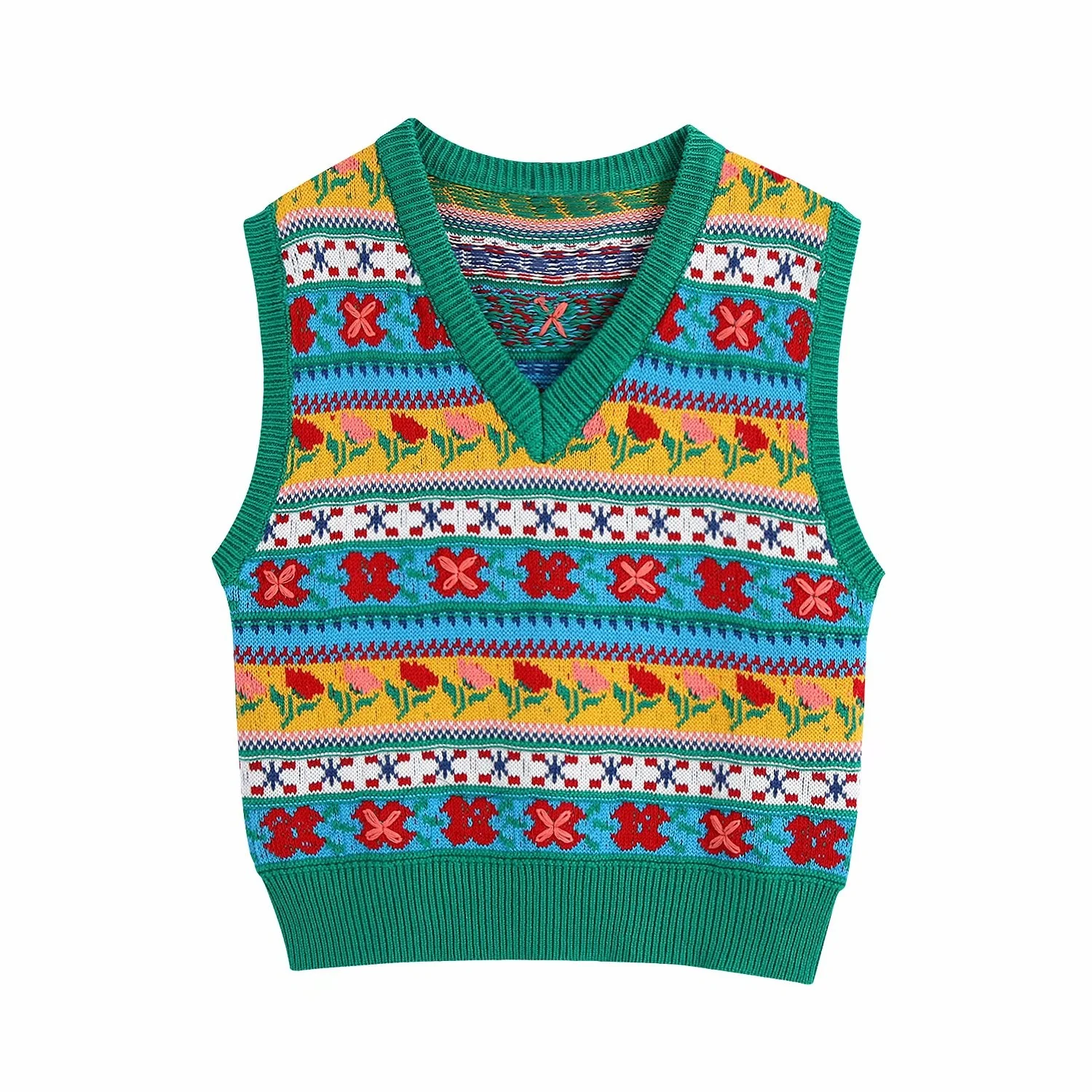 Женский трикотажный жаккардовый свитер без рукавов с V-образным вырезом