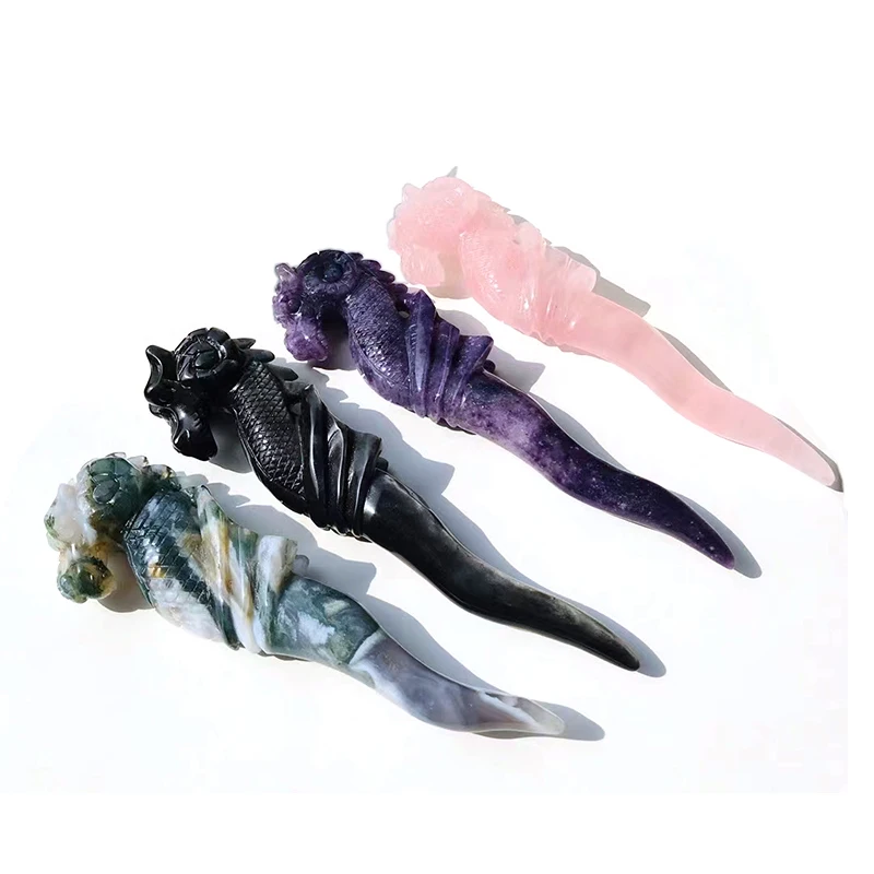 Western Magical Obsidian Handcarved Sea Horse Wand Healing Crystals Rose Quartz Magic Wand