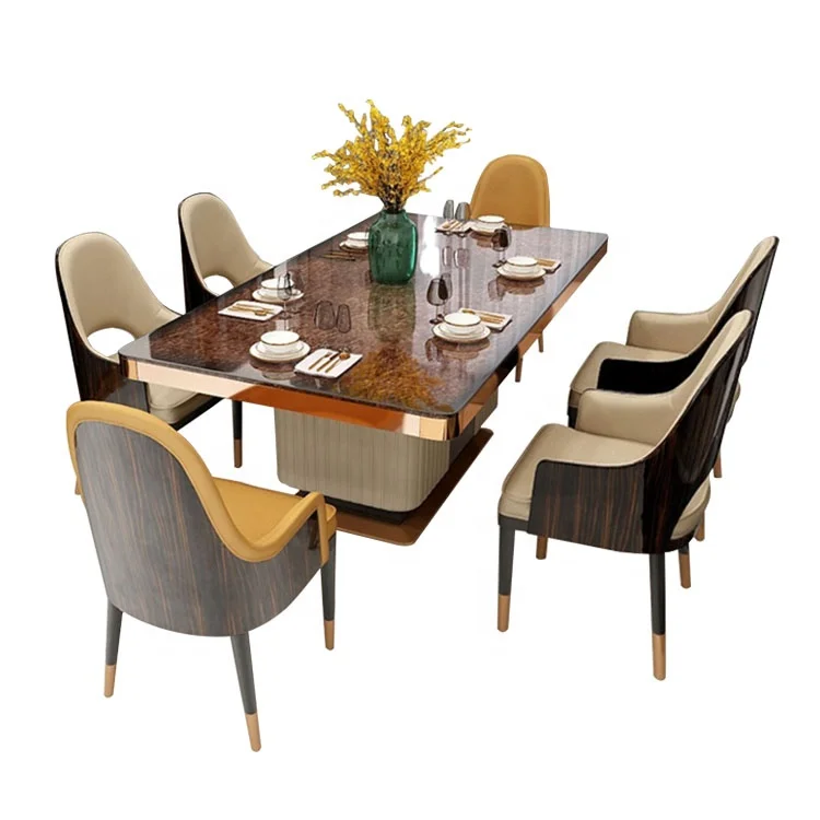 2020 High Quality Home Furniture Luxury Marble glass Top Dining Room Tables Sets 6 12 Chairs Oak metal stand