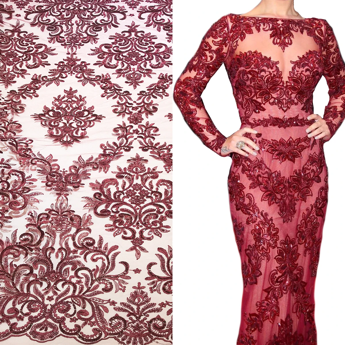 New Arrival Burgundy Handmade Sequins Ceremony Dress Lace Fabric Embroidery Beads For Fashion Show Applique Crystal Pageant Ball