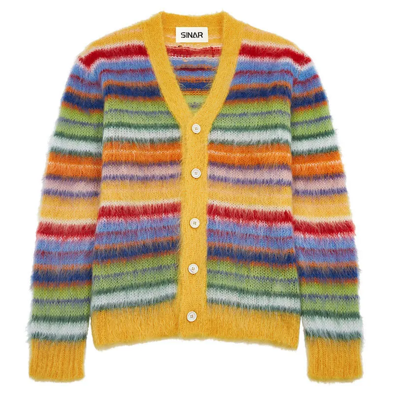 Custom LOGO men Mohair Cardigan sweater Furry Long Sleeve striped knitwear winter Fuzzy knitted coat custom mohair sweater men