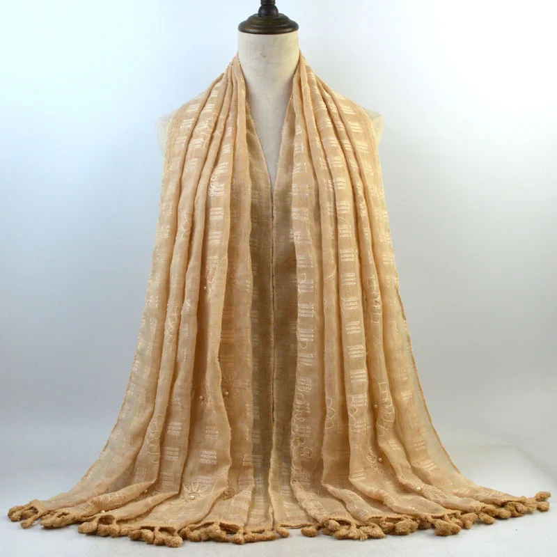 
New tie-dyed cotton and linen scarf Monochrome beaded embroidered fringed headband Sun protection travel vacation shawl 