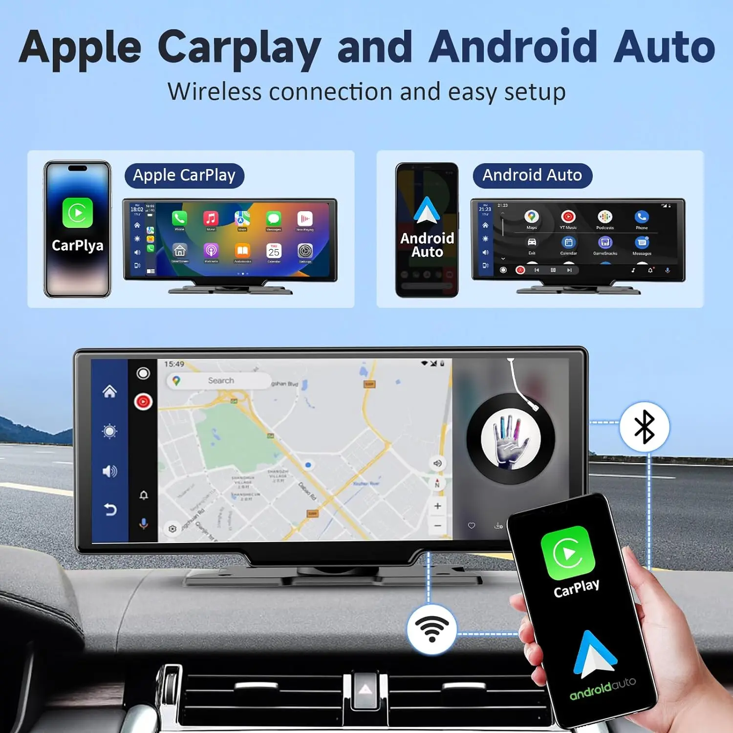 Portable Wireless Carplay Car Stereo - 10.26 inch HD IPS Car Touch Screen,Android Auto Screen for Car, with FM Car Radio