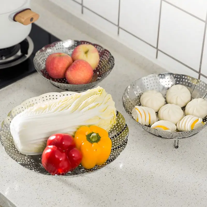 Creative Multi-functional Folding Steaming Fruit Plate 22cm 26cm 30cm Stainless Steel Steamer useful kitchenware tools