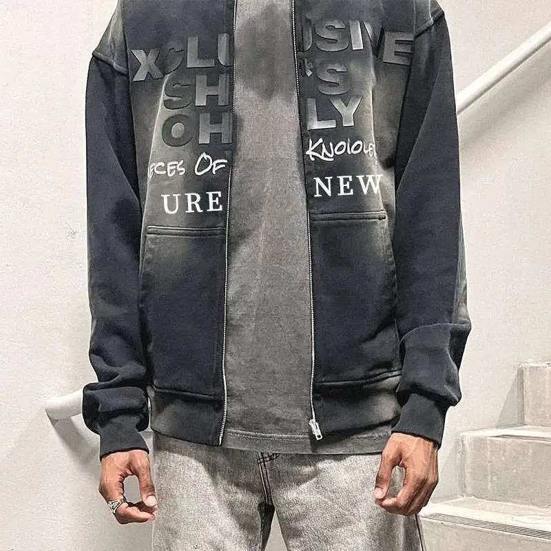 QZFSO Manufacturer Custom Logo Gray Sun Faded Oversized Cotton Print Pullover Men Distressed Acid Wash Full Zip Up Hoodie