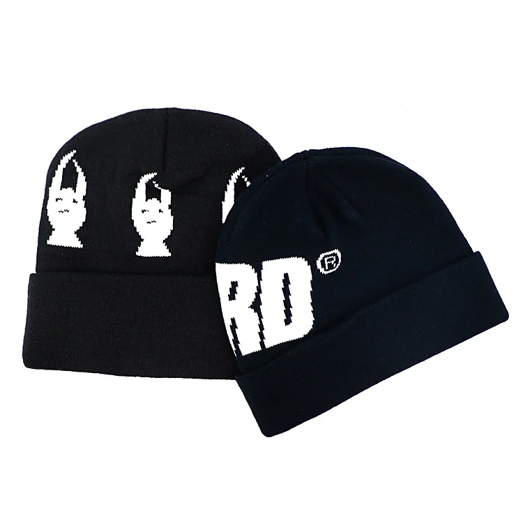 Hengxing christmas men women winter warm black white jacquard custom rubber patch logo knitted beanie