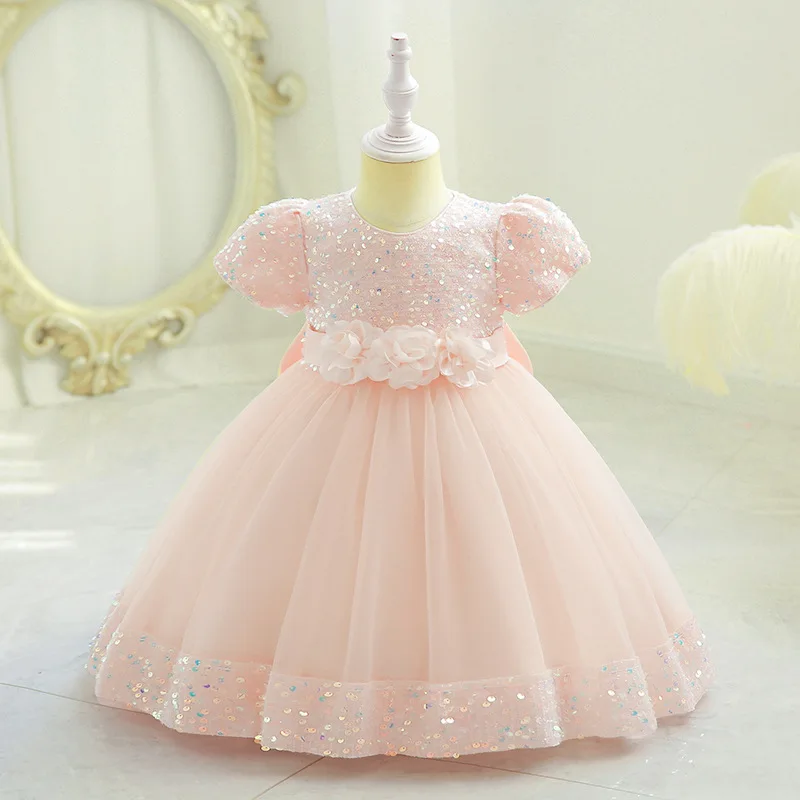 Wholesale Summer Wedding Party Dresses Elegant Sequins Bow Cake Girl Lace Mesh Dresses